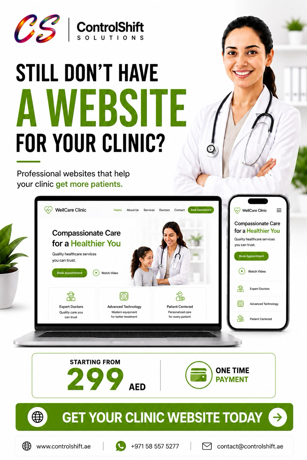 Clinic website design in Dubai from AED 299 one-time payment — professional websites that help your clinic get more patients