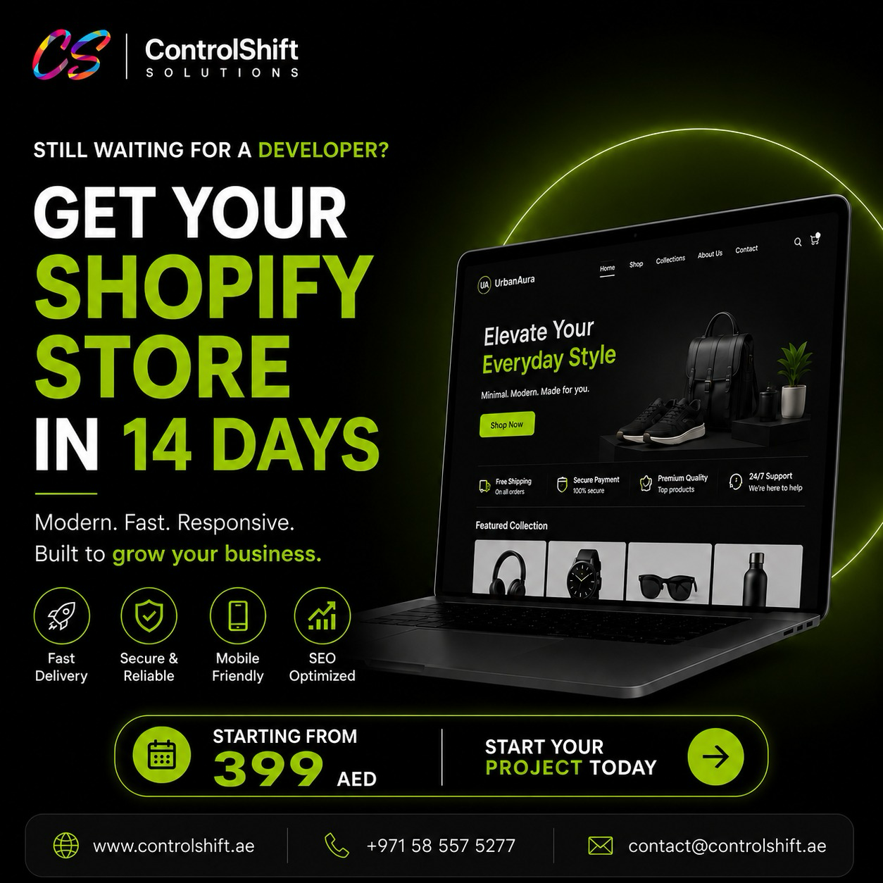 Get your Shopify store in 14 days from AED 399 — modern, fast, responsive online stores built to grow your business in Dubai